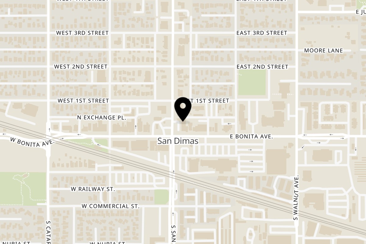 Map showing the location of Origen Mexican Cuisine on 110 N San Dimas Ave in San Dimas